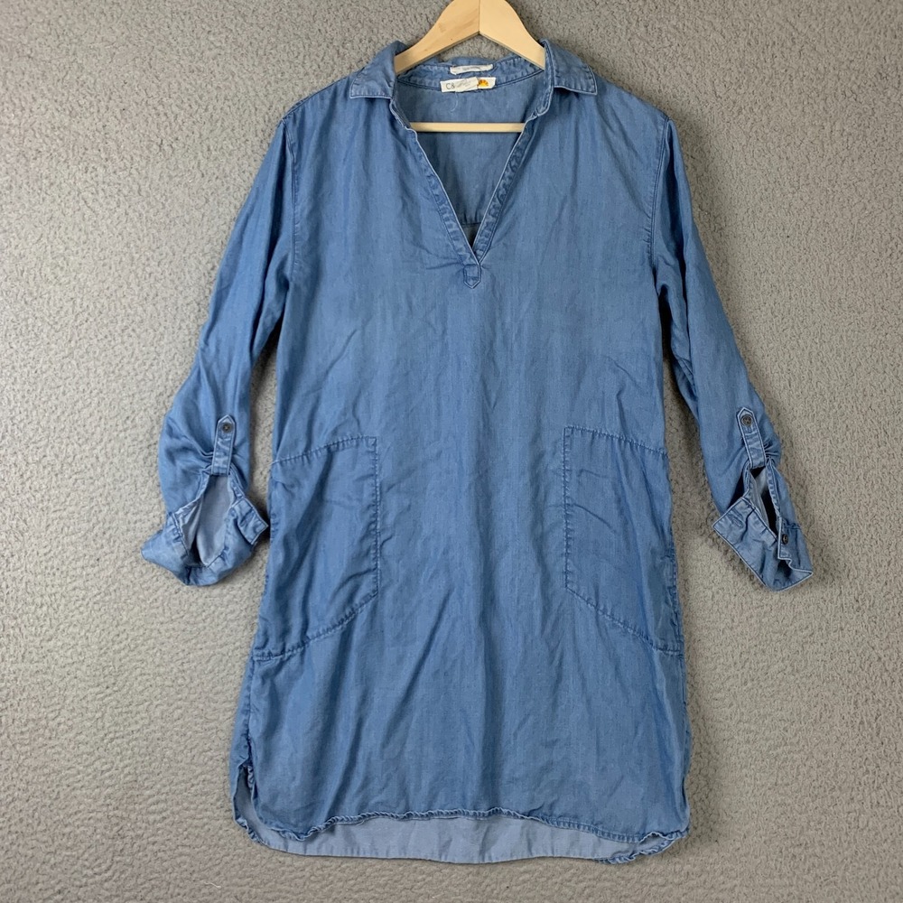 C&C California Dress Medium Chambray Blue‎ Lyocell Roll Tab Long Sleeve Beach